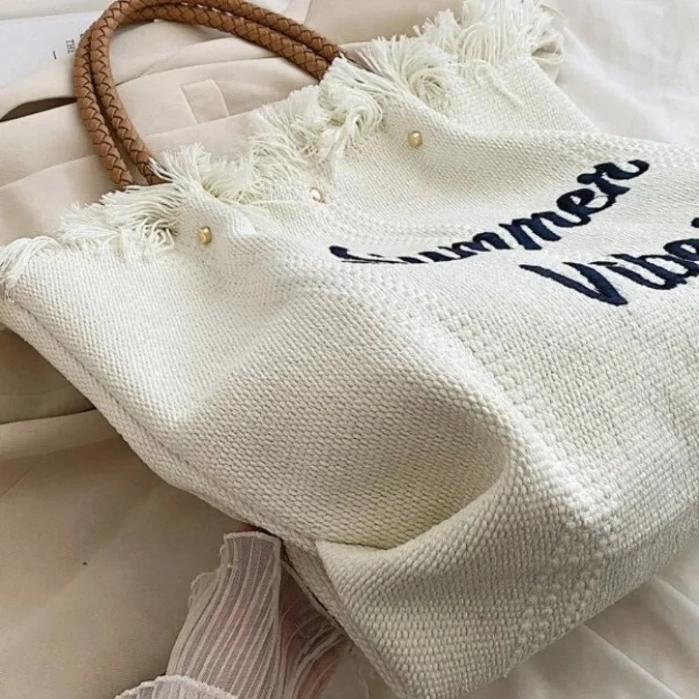 Letter Embroidered Fringe Trim canvas Crochet Bag - Picture 4 of 8